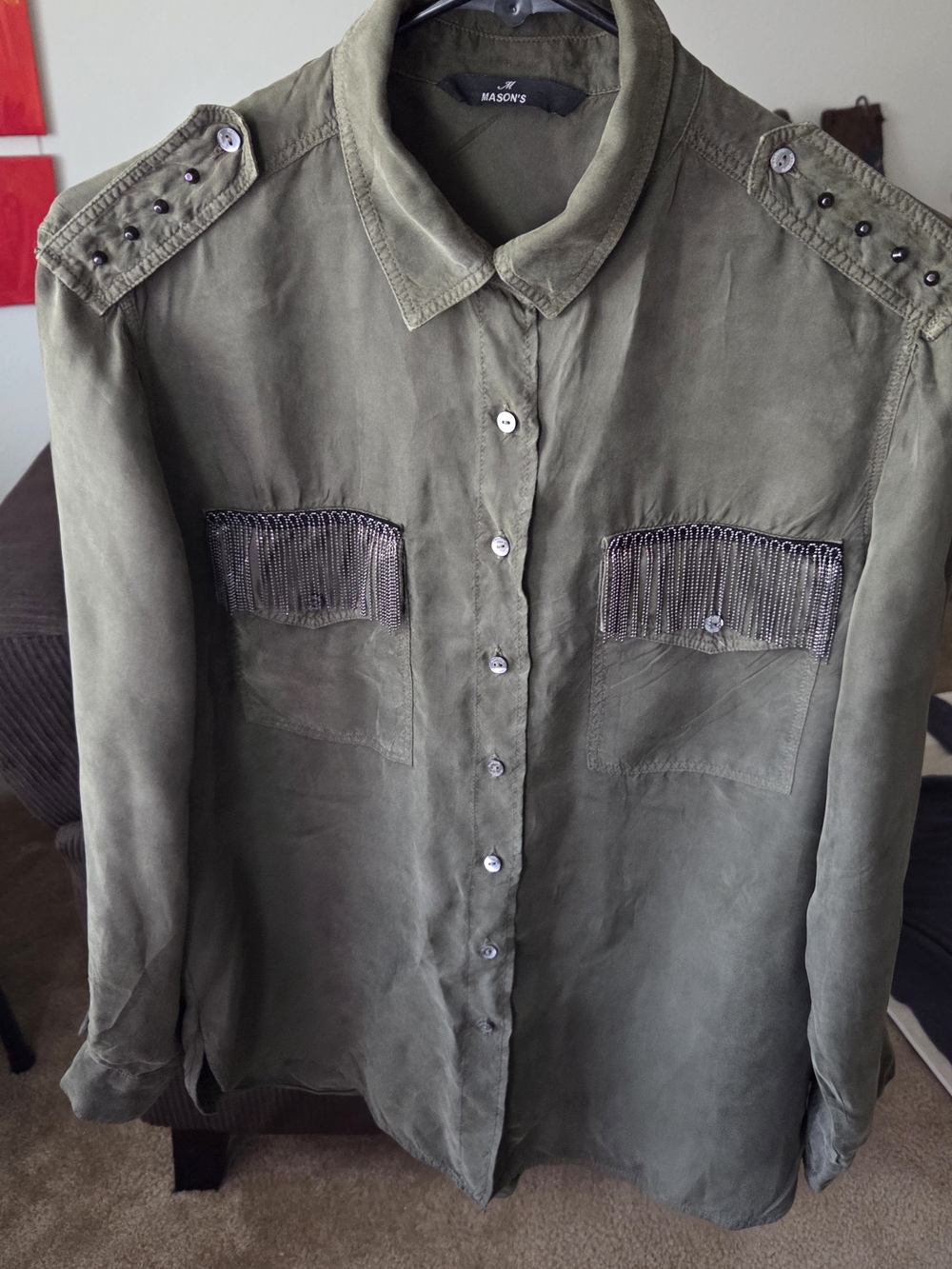 Mason Olive Green Button-Down Utility Shirt with Fringe Pocket Detail
